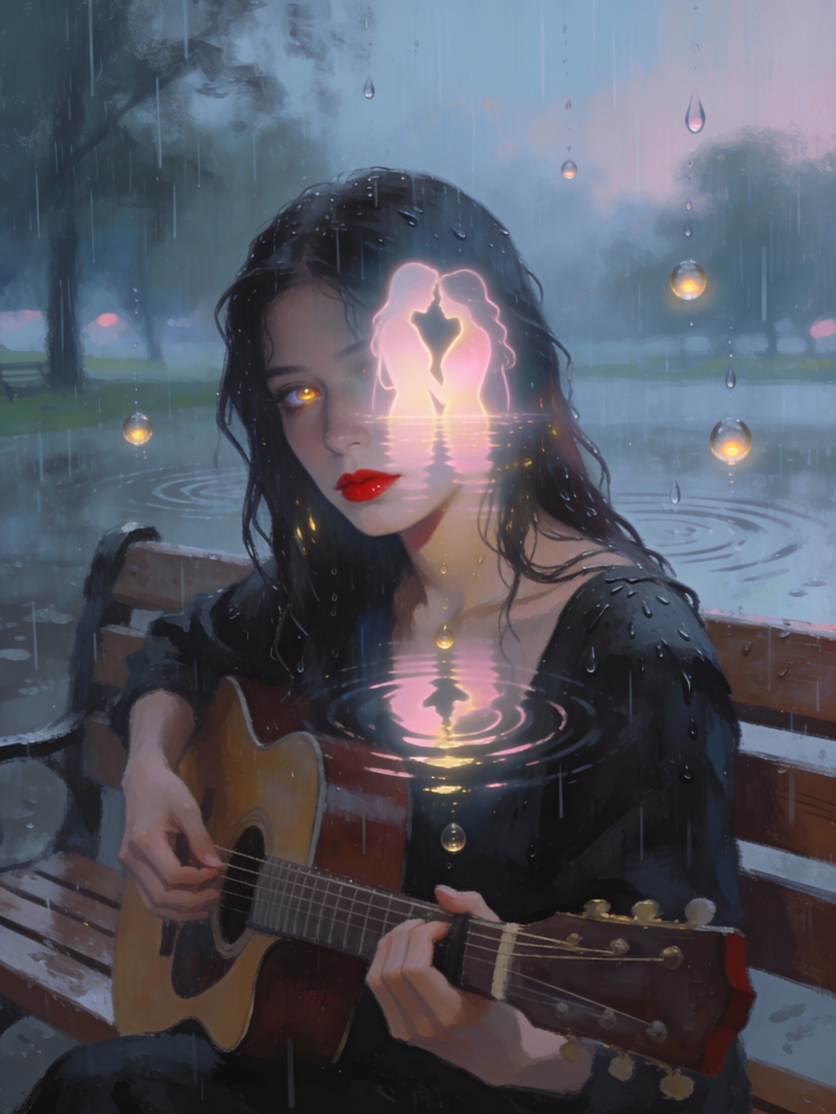 Rainy scene of a woman playing an acoustic guitar on a bench with neon glow reflecting on her face.
