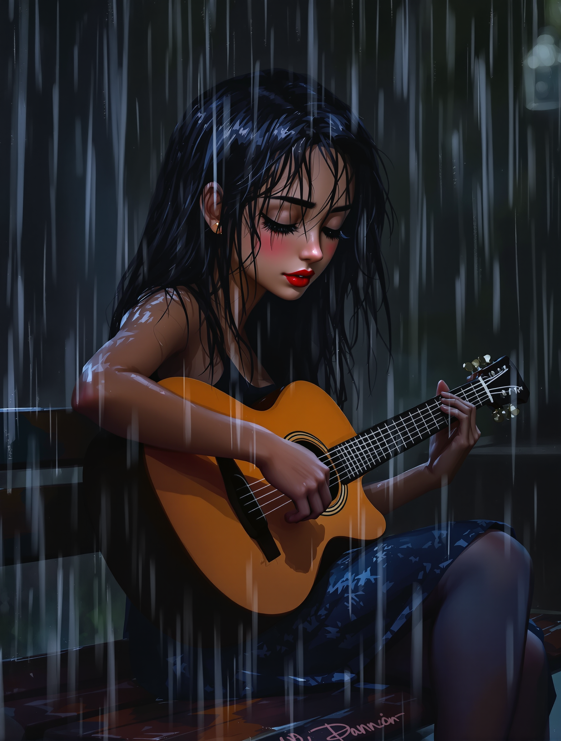 Illustrative girl with black hair playing an acoustic guitar in the rain at night.