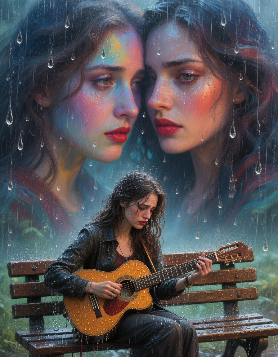 Woman playing an acoustic guitar on a bench in the rain, with artistic double-exposure of colorful faces in the background.