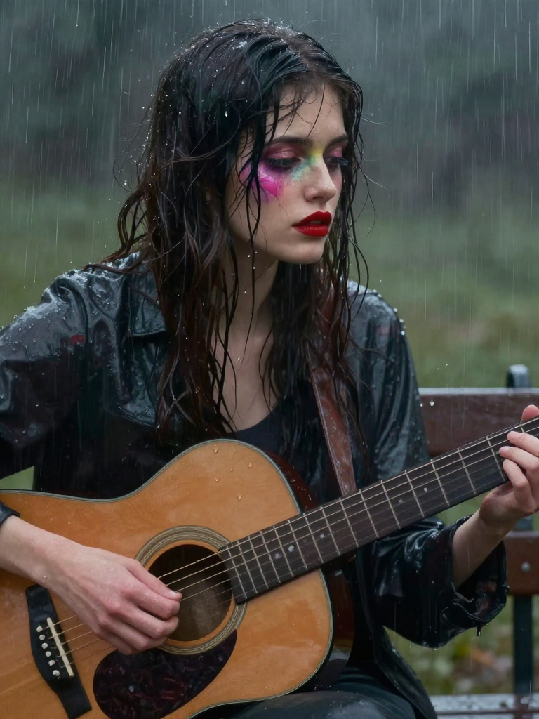 Young woman with colorful makeup playing an acoustic guitar in the rain.