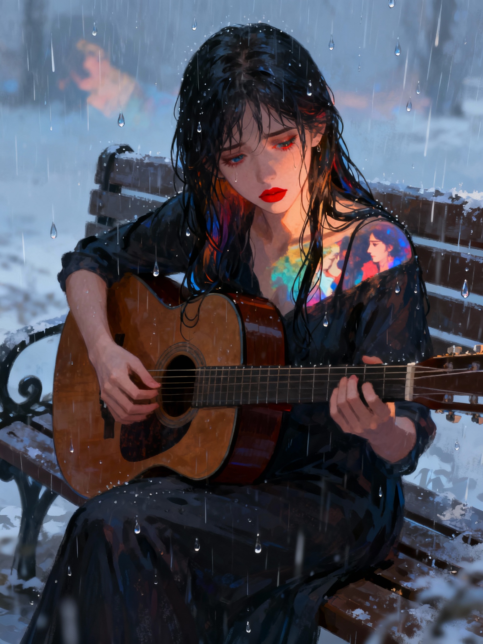 Young woman with red lips playing an acoustic guitar in the rain on a park bench