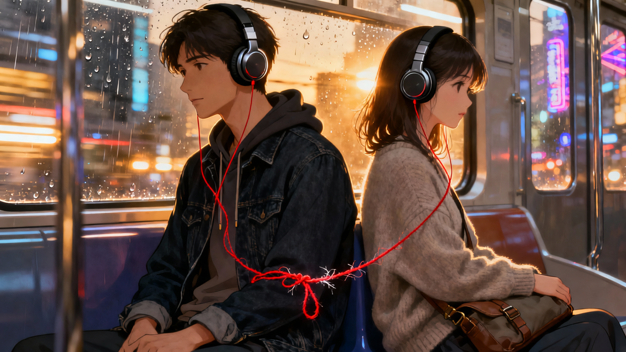 Two young people on a city bus at night wearing headphones, tied together with a red string.