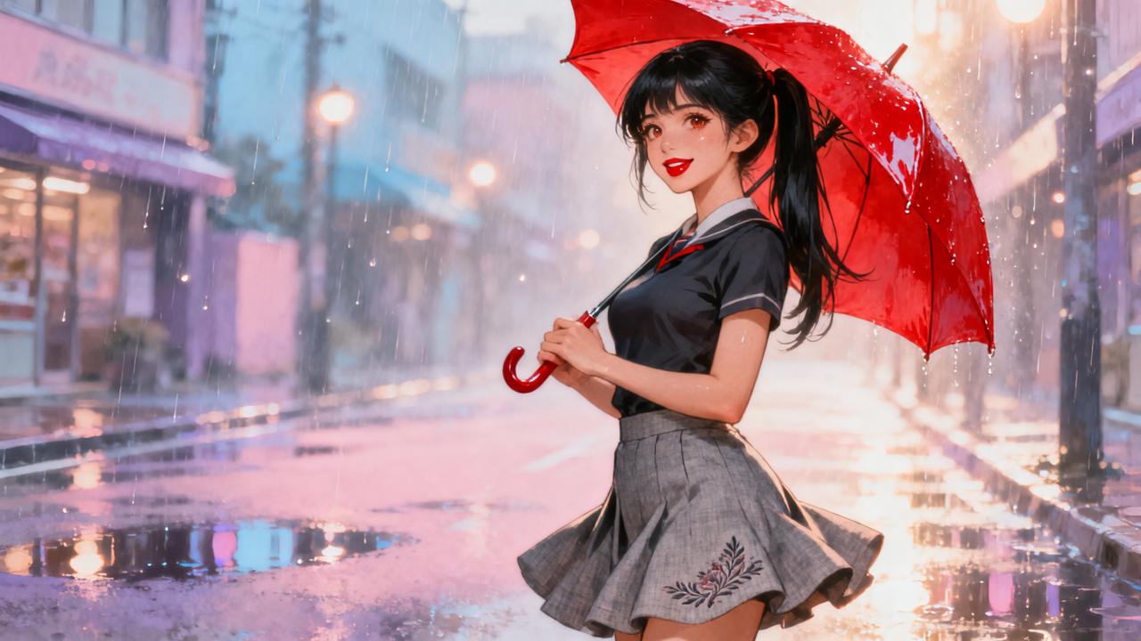 Young woman in a gray schoolgirl outfit with a red umbrella on a rainy city street.