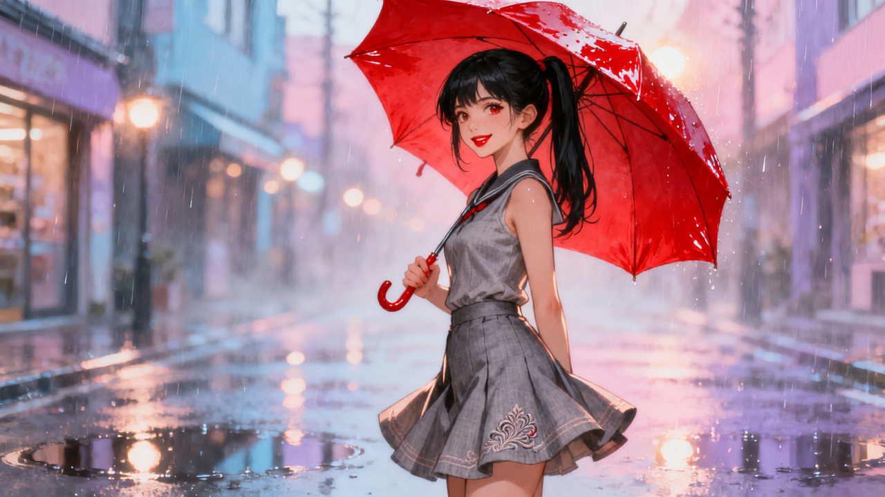 Anime-style girl with gray dress and red umbrella in a rainy city street.