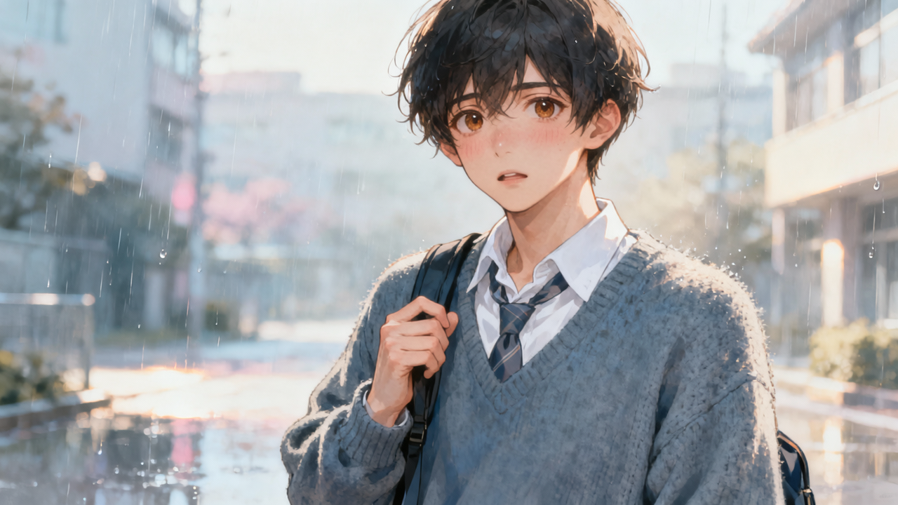 Young anime-style student in a gray sweater and tie under rain, holding a backpack.