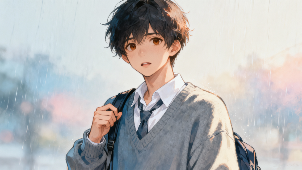 Anime-style portrait of a young boy in a gray sweater and white shirt in the rain, carrying a backpack.