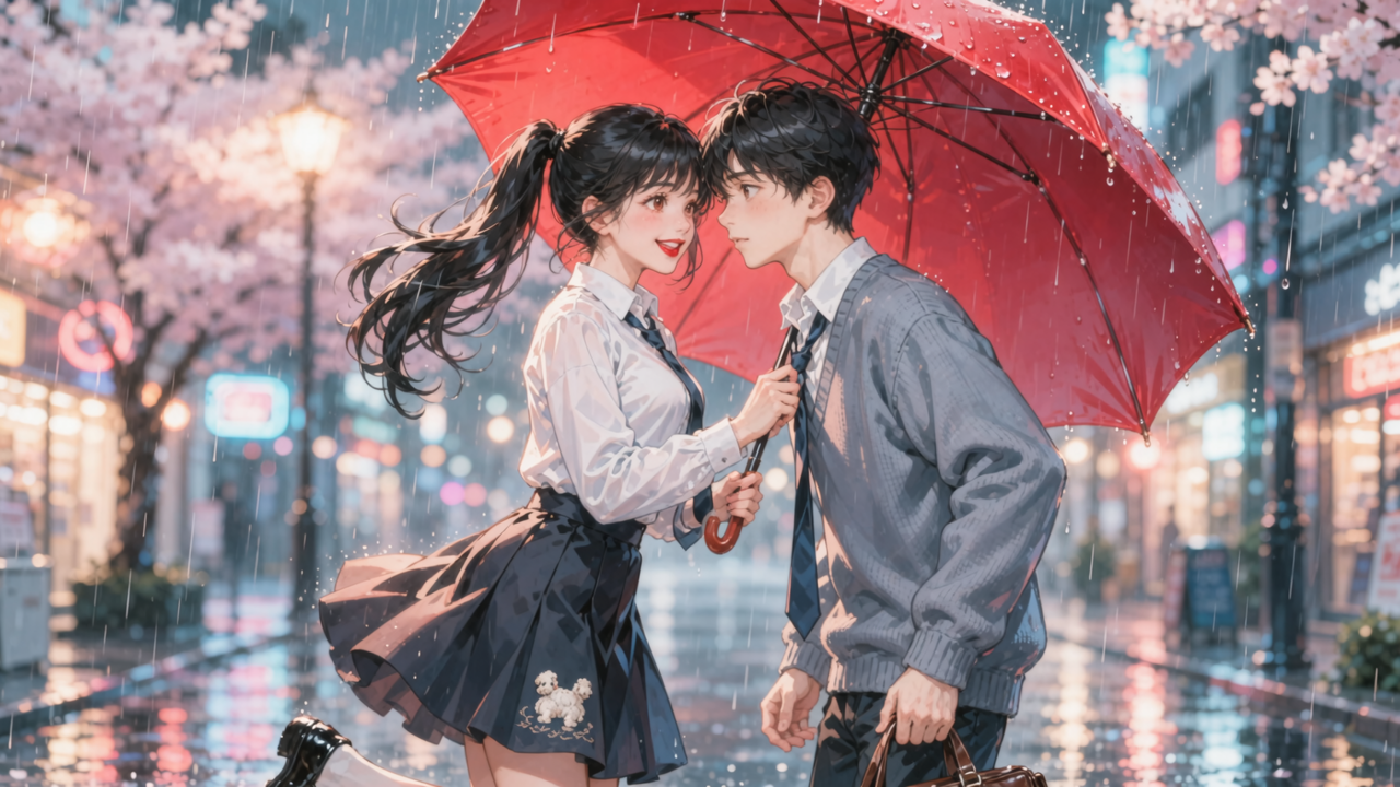 Anime-style couple under a red umbrella in the rain on a neon city street with cherry blossoms.