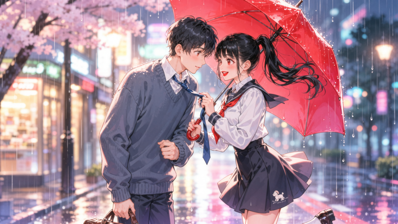 A romantic anime-style couple sharing an umbrella in the rain on a neon-lit city street