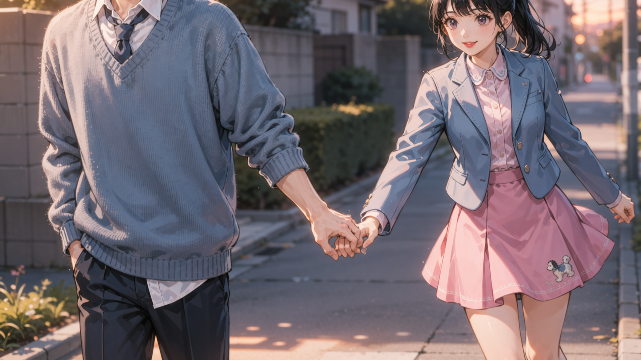 Anime-style couple holding hands while walking on a sunlit suburban street.
