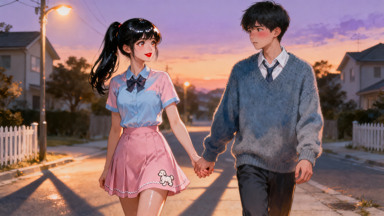 Anime-style couple walking hand in hand on a sunset-lit suburban street