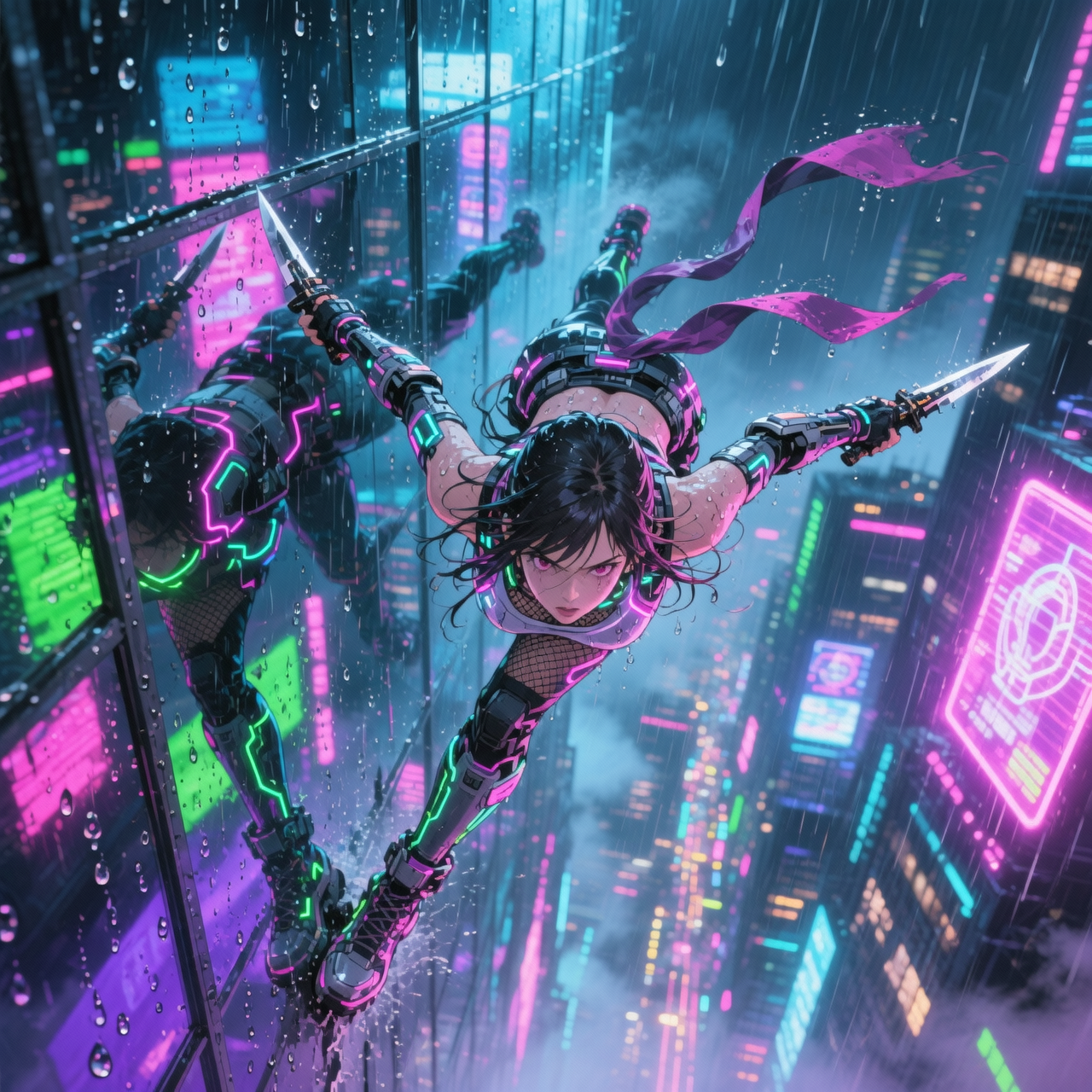 Cyberpunk female ninja scaling a rain-soaked glass skyscraper with neon city lights.