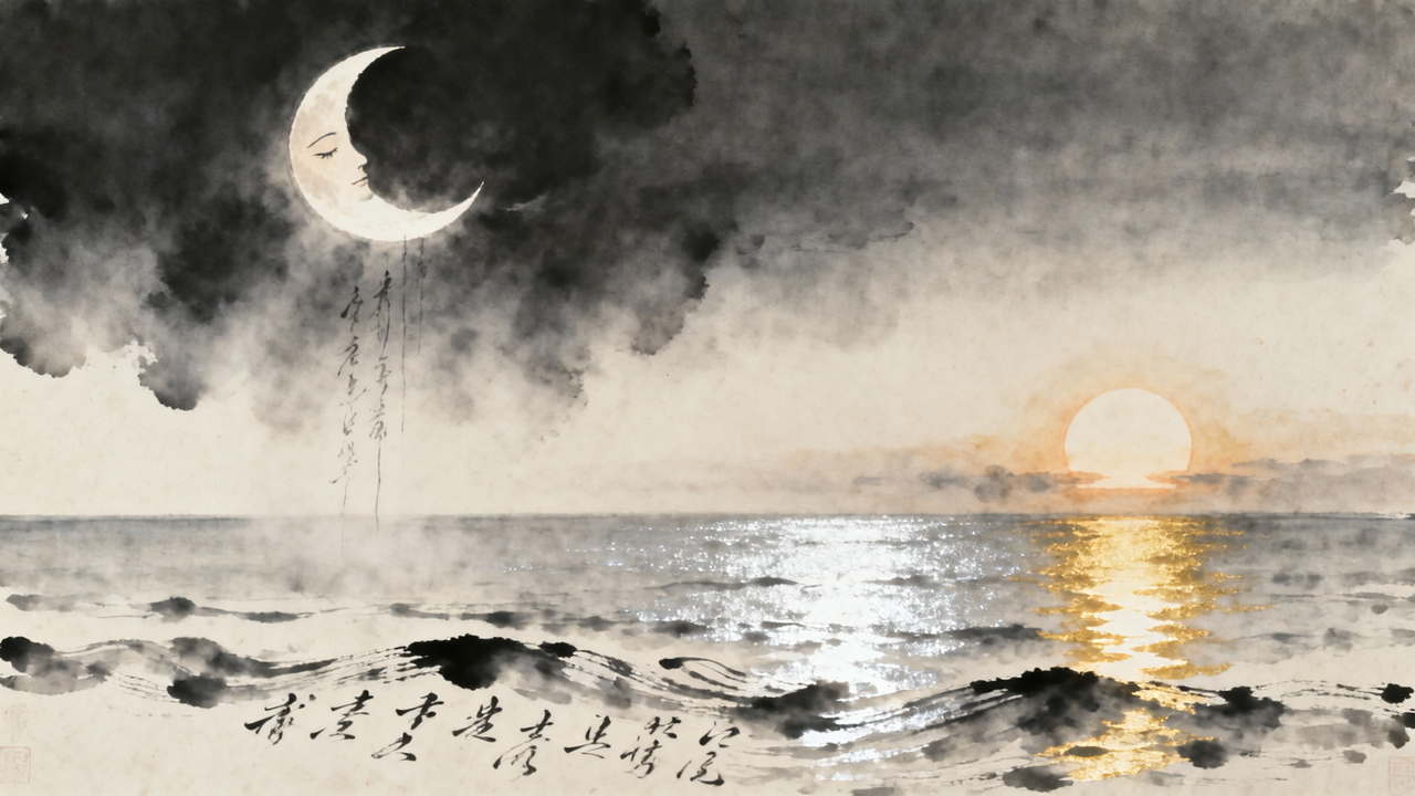 Watercolor seascape with a crescent moon in dark clouds and a setting sun over reflective ocean.