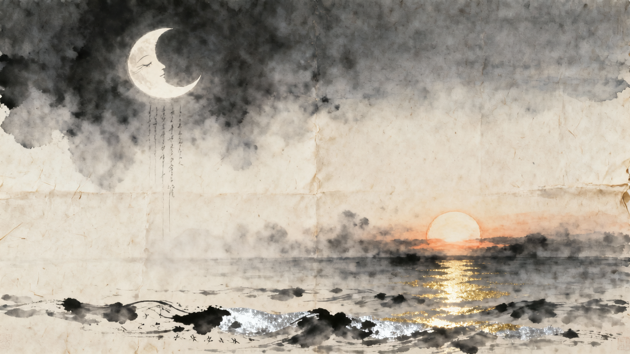 Surreal watercolor: crescent moon with strings over misty sea and a sunset glow on the horizon.