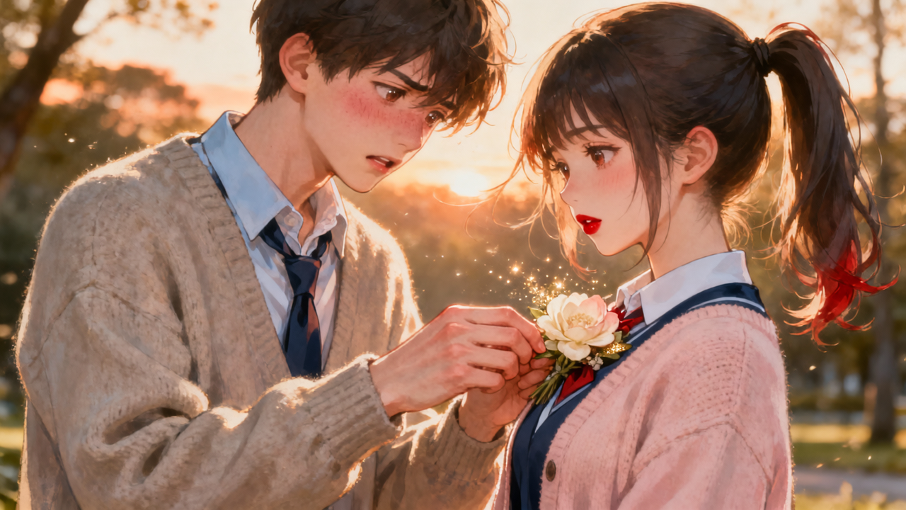 Two anime-style teens in school uniforms under a warm sunset; the boy pins a white boutonniere on the girl's cardigan.