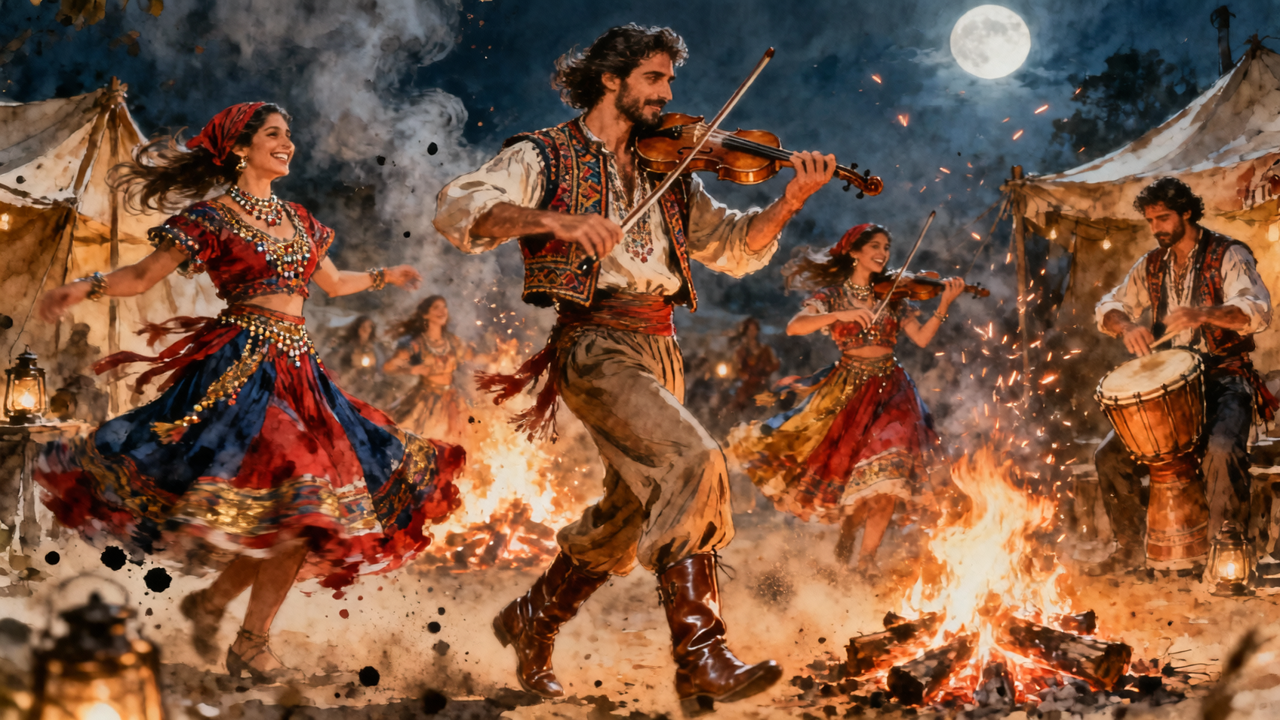 Colorful dancers in traditional attire around a bonfire under a full moon, with a violinist and drummer.