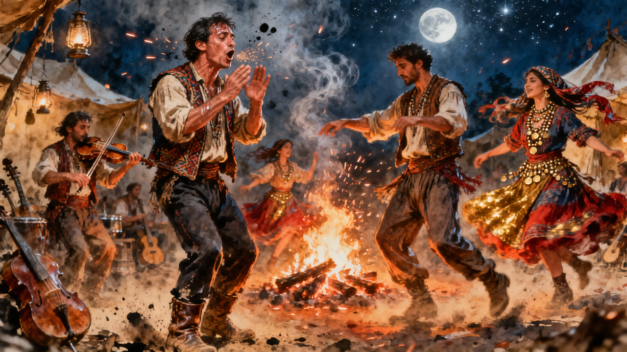 People dancing around a bonfire at night in colorful folk costumes with musicians.