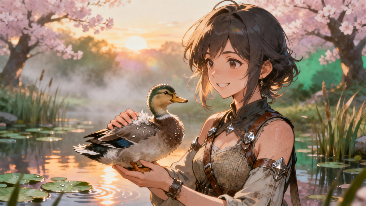 Anime-style woman in armor smiles at a duck by a sunset pond with cherry blossoms.