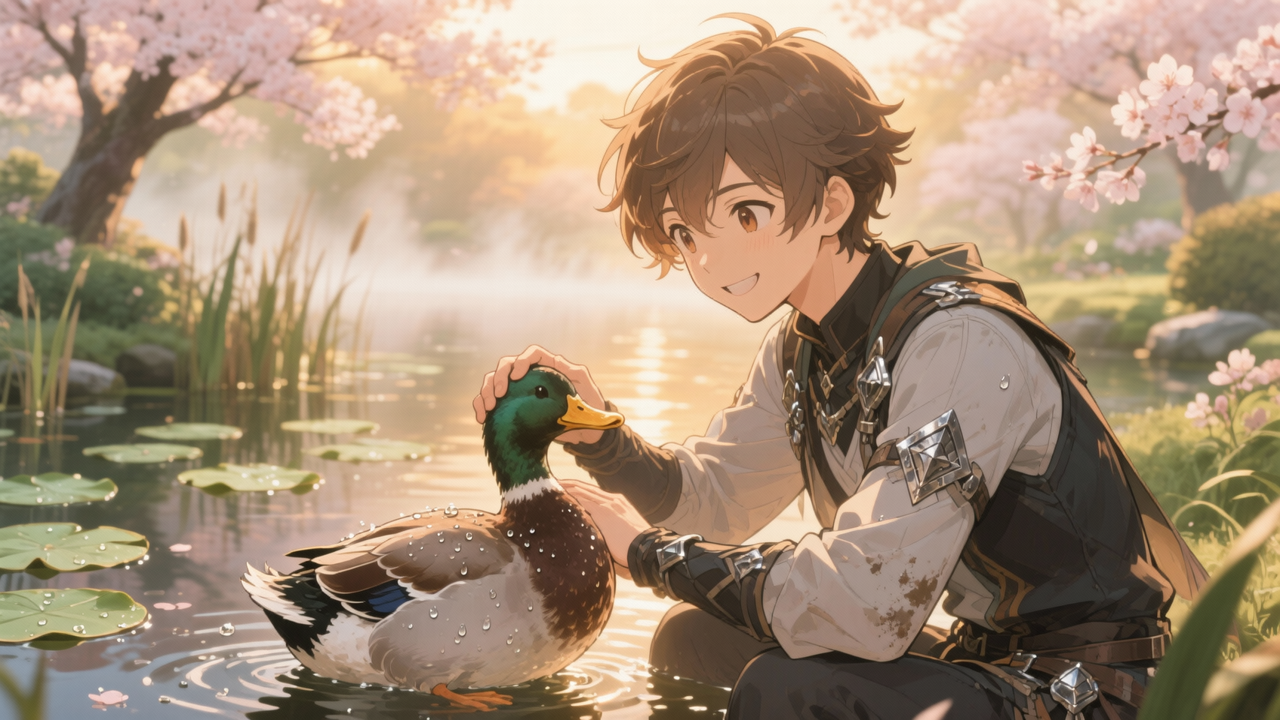 A young anime-style boy pets a duck by a sunlit pond among cherry blossoms.