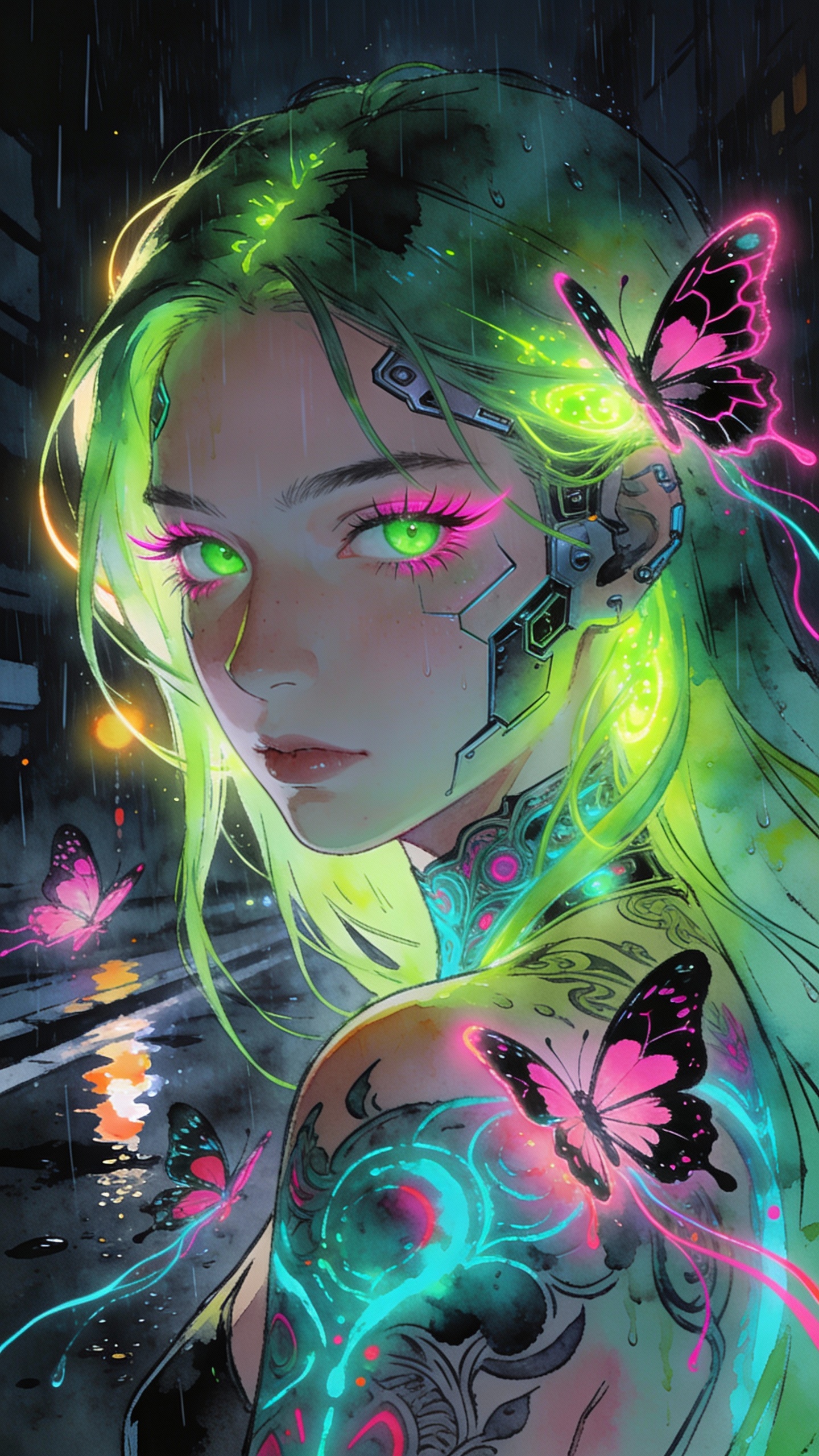 Cyberpunk anime girl with neon green hair, glowing green eyes, circuit tattoos, and pink butterflies in the rain.