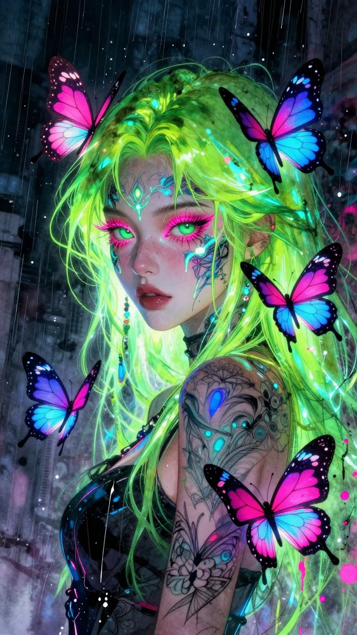 Fantasy woman with neon green hair and pink eyes amid colorful butterflies in the rain.