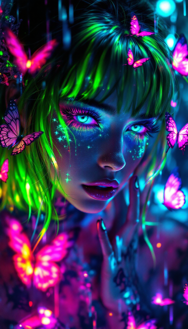 Neon-lit fantasy portrait of a woman with glowing blue skin and butterfly accents.