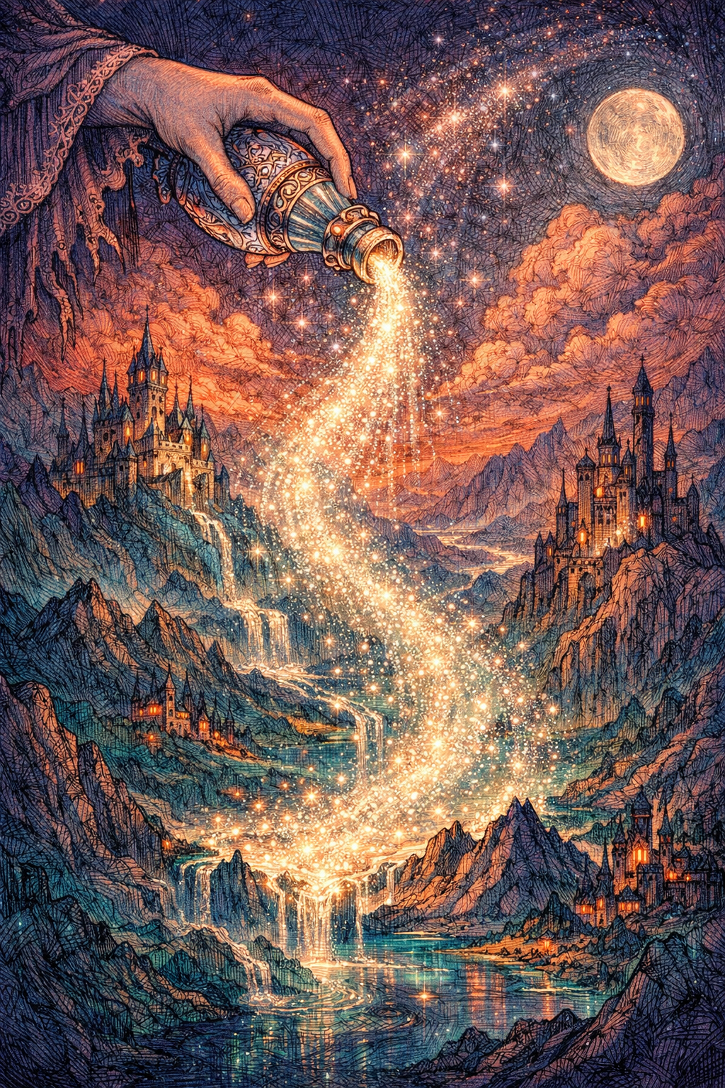 Hand pours glowing magical dust over a moonlit fantasy valley with castles and mountains.