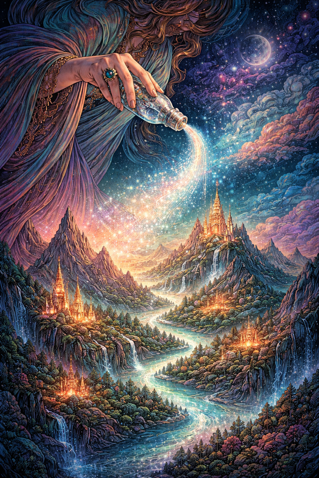 Fantasy scene of a colossal hand pouring stardust into a luminous valley with glowing castles
