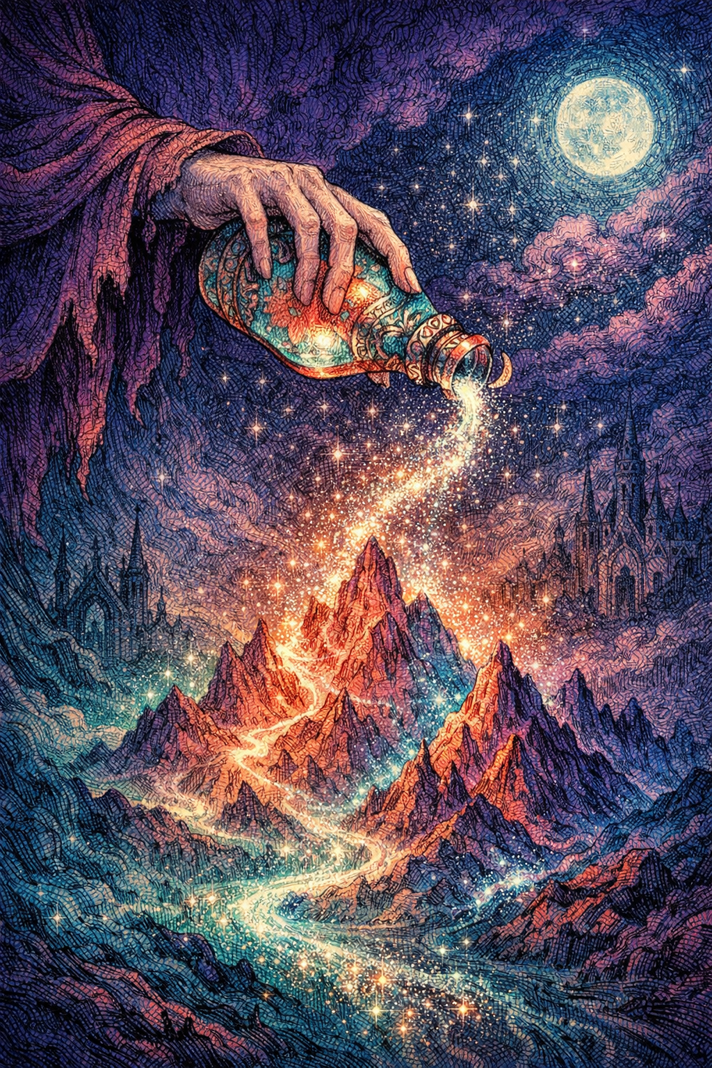 Hand pours glittering sand from a bottle onto glowing, colorful mountains under a moonlit night.
