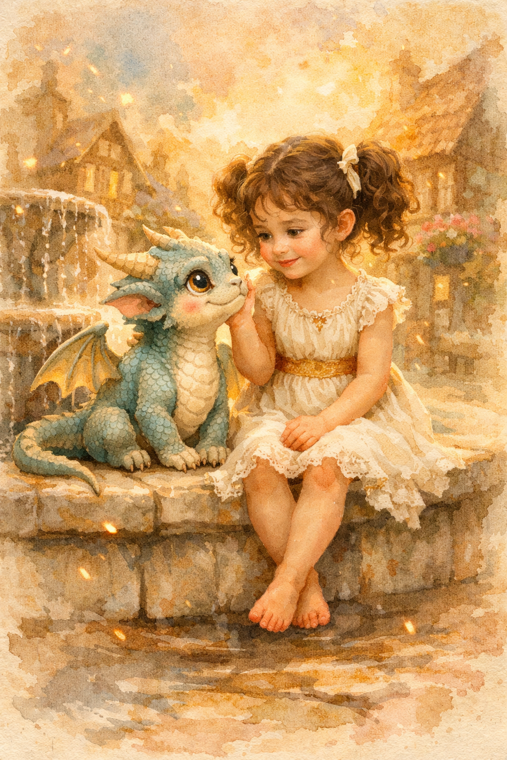 Young girl in a white lace dress sits by a fountain with a blue dragon cub.