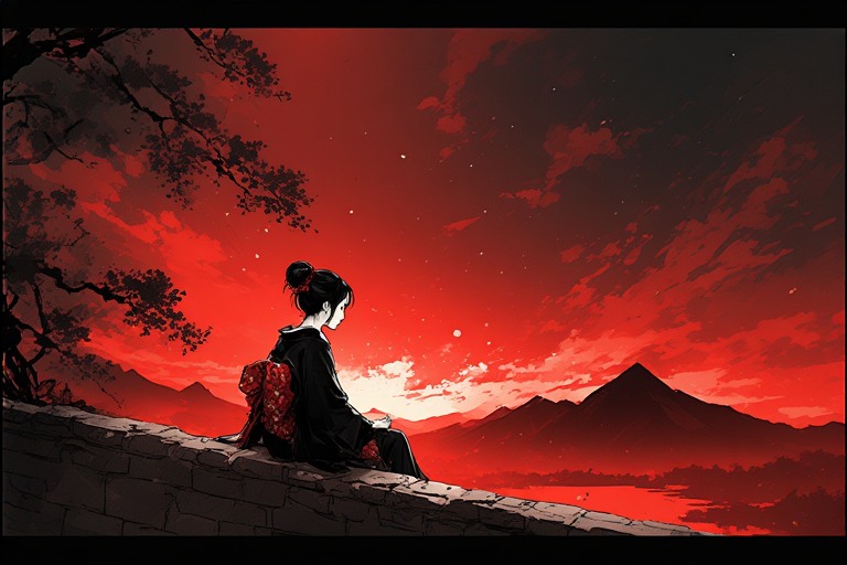 Anime-style girl in a kimono sits on a stone wall beneath a vivid red sunset with mountains.