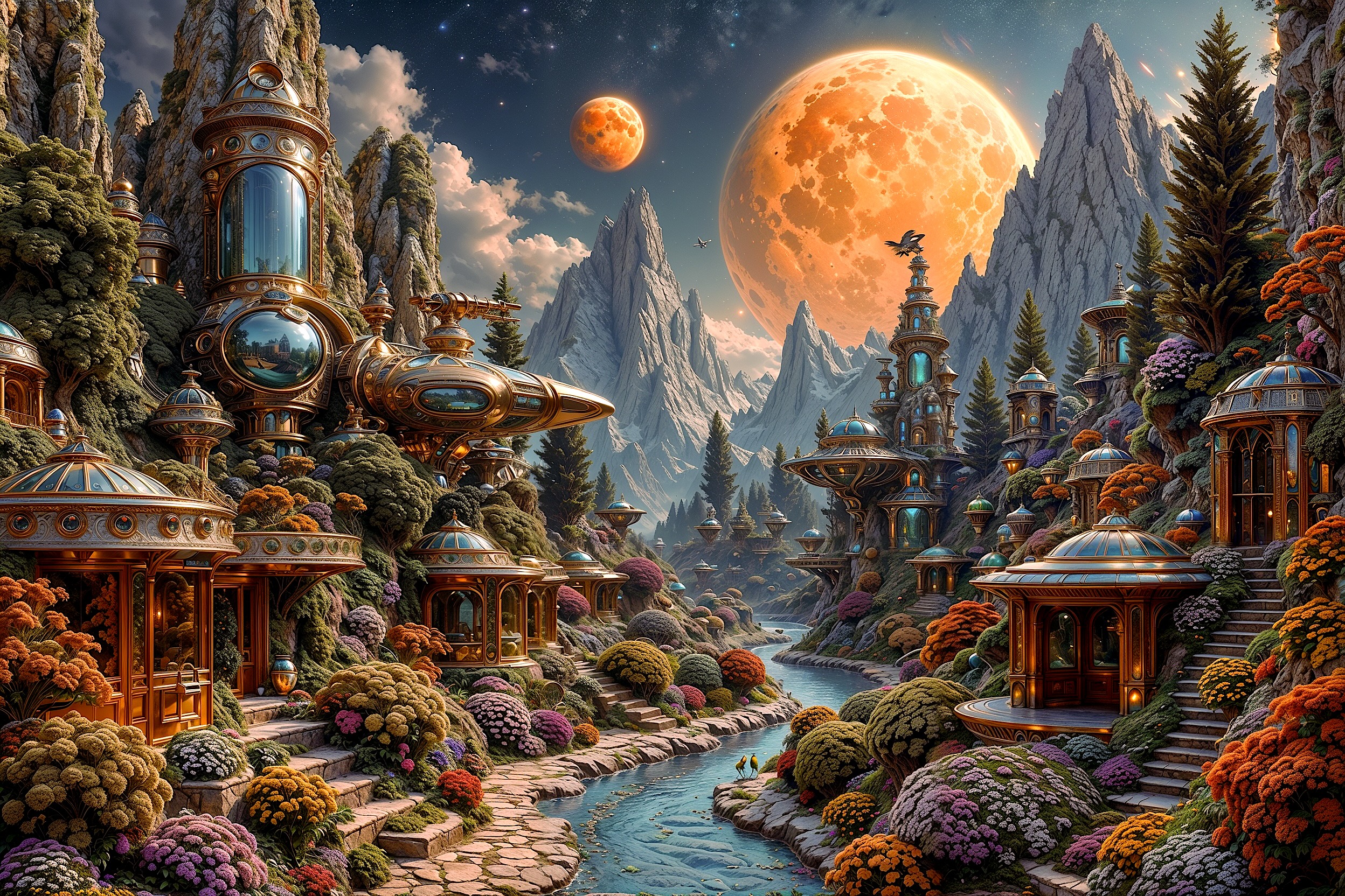Fantasy steampunk village with ornate glass domes, a winding river, colorful gardens, and towering mountains under a doubl...