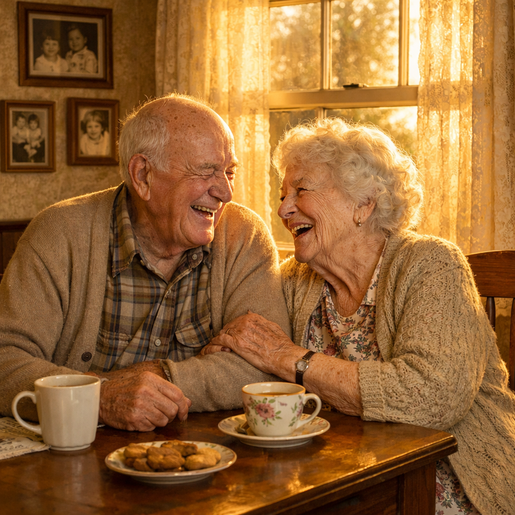 Smiling elderly couple sitting at a wooden table with tea and cookies, bathed in warm sunlight.