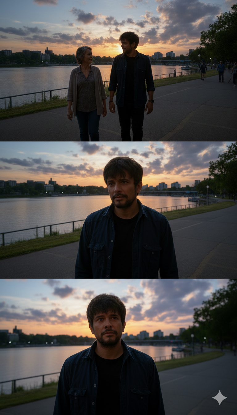Triptych of a man and woman walking by a river at sunset, with close-up portraits.